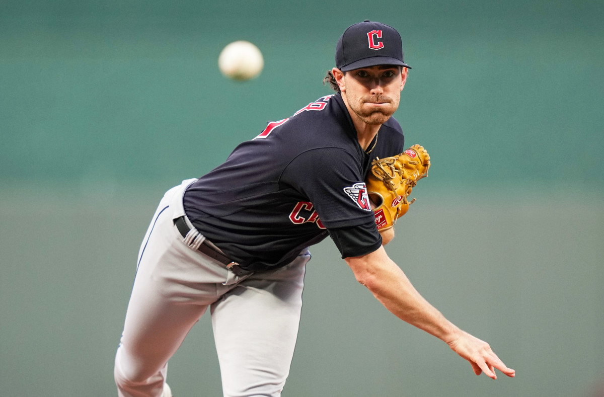Sep 6, 2022; Kansas City, Missouri, USA; Cleveland Guardians starting pitcher Shane Bieber (57) warms up during the first inning against the Kansas City Royals at Kauffman Stadium.